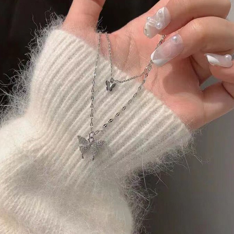 Auflistung doppelt Schicht Schmetterling Halskette Bohemien Legierung Anhänger Frauen's Schmuck Reisen Denkmal