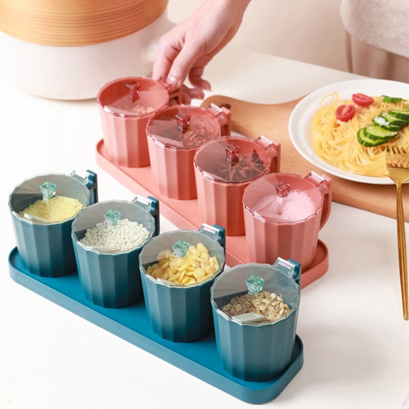 Kitchen Spice jar Set Multi-grids Seasoning Box With Lids Spoon Plastic Pepper Salt Condiment Bottle Kitchen Tools Accessories
