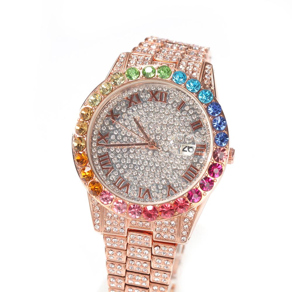 Inew Missfox Grote Rainbow Diamond Luxe Heren Horloges Top Luxe 18K Gold Mannen Horloge Luxe Iced Out quartz Wristwat: Rose