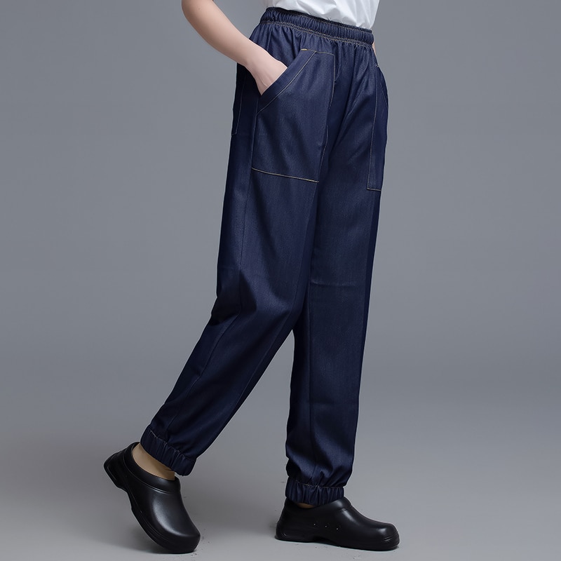 Elastic Waist Chef Pants Stretch Denim Fabric Cook Work Pants Bakery Barber Trousers Food Service Catering Hotel Kitchen Uniform
