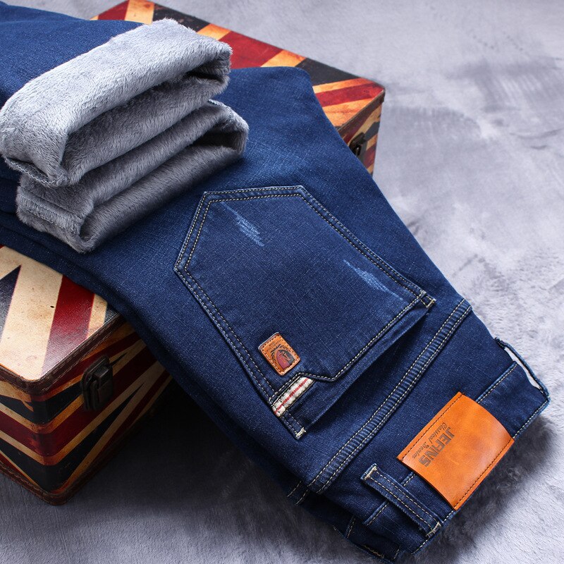 Mens Winter Fleece Jeans Lined Stretch Denim Warm Blue Jeans For Men Slim Fit Brand Trousers Pants Jeans 28-42
