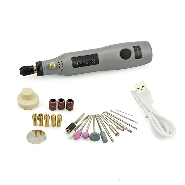 Mini perceuse sans fil, stylo à découper électrique, vitesse Variable USB, perceuse sans fil, Kit d&#39;outils rotatifs, stylo graveur pour meulage Poli 28 pièces: Grey