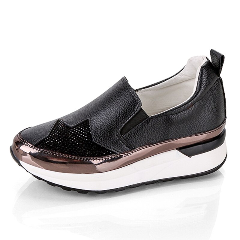 Comfort creepers bling loafers silver platåskor kvinna slip on swing kvinnor lägenheter skor zapatos de mujer wedge sneakers: Svart / 36