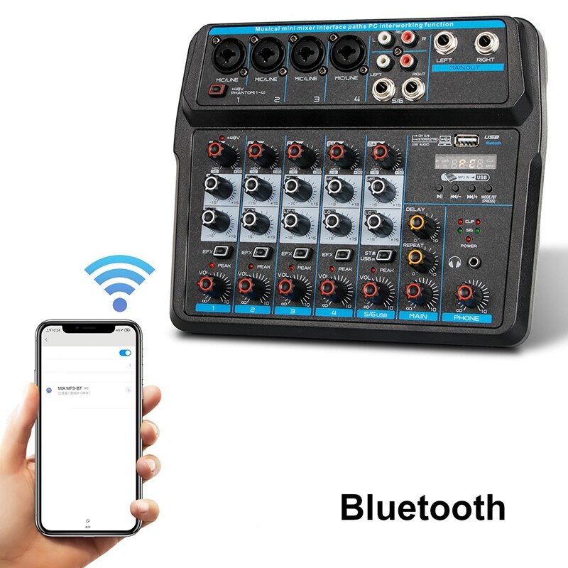 -M-6 Portable Mini Mixer Audio DJ Console with Sound Card, USB, 48V Phantom Power for PC Recording Singing Webcast Party(US P