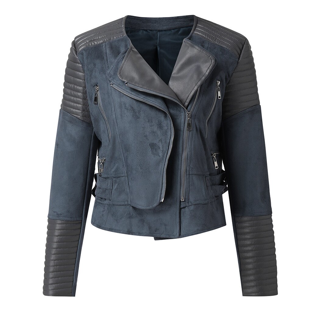 Jaqueta de couro feminina, couro vintage, com zíper, curta, simples, fina, casaco retrô, para motocicleta: Azul / XXL