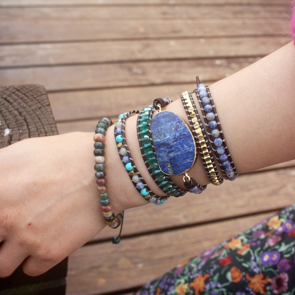 Neue Frauen Leder Multilayer Armband Einzigartige Mixed Natürliche Lapis Lazuli Charme 5X Wrap Armbänder Handgemachte Boho Stil Armband