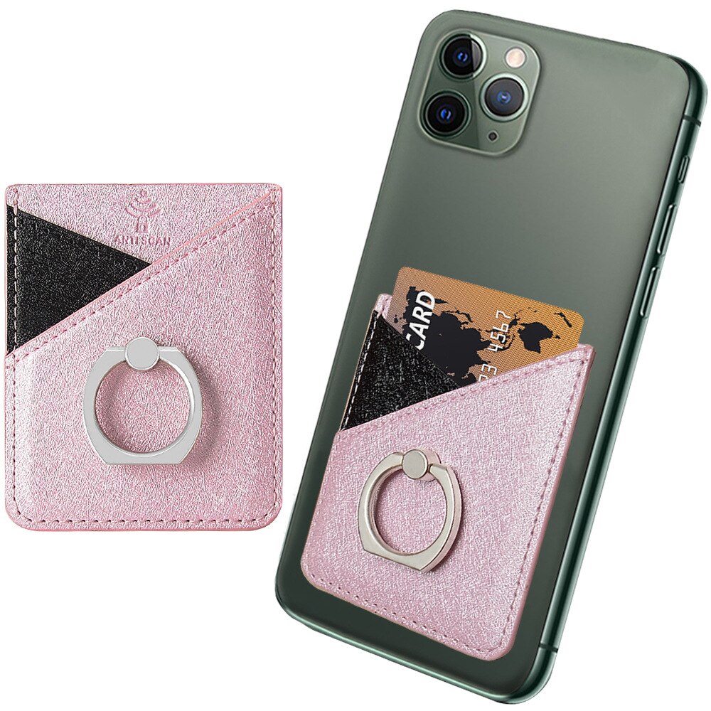 Læder mobiltelefon kortholder tegnebog klistermærke til iphone 11 x xs max ring holder lomme kortspor klistermærke: Lyserød