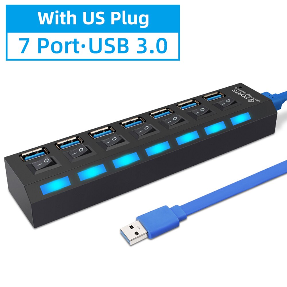 USB 3.0 HUB USB Splitter Multi Usb 3 0 Hub Several Ports with Switch Power Supply Adapter Multiple Usb 2.0 Extender Hab for Pc: USB3.0 7Port With US