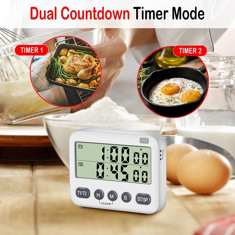 Dual Timer with 3-Level Adjustable Alarm Volume&amp;ON/OFF Switch Digital Kitchen Count Down/Up Stopwatch Timer for Cooking