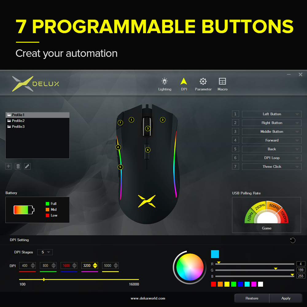 Delux  m625 plus trådlös ergonomisk spelmus dual mode pmw 3335 16000 dpi rgb-möss 7 programmerbara knappar för datorspelare