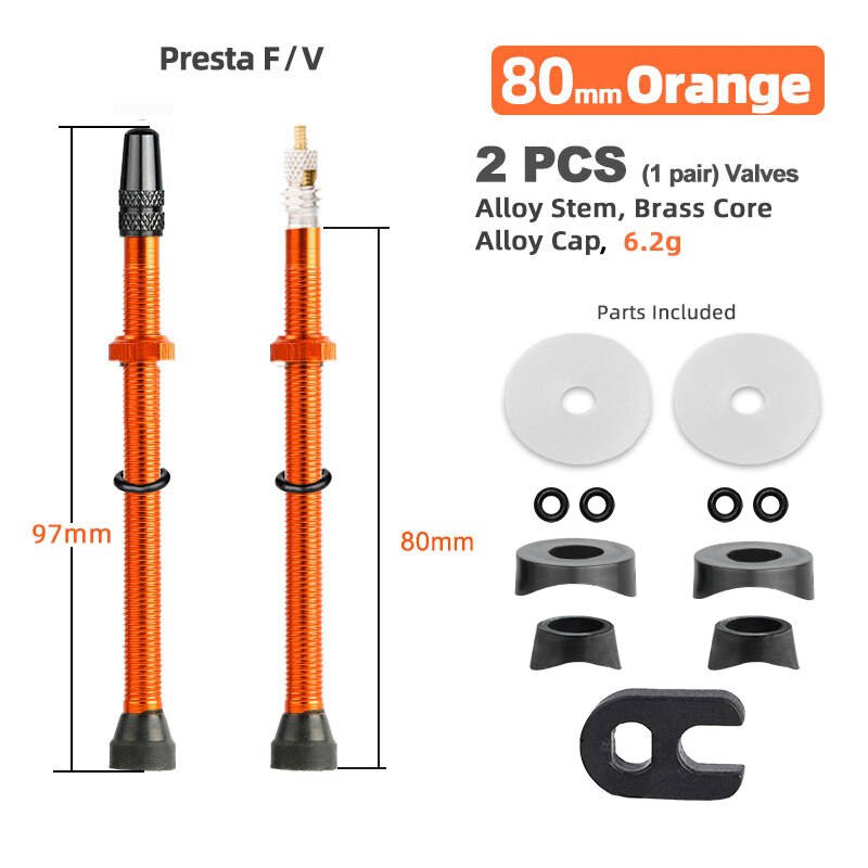 Deemount 2PCS Bicycle Tubeless Tire Presta Valve Brass Core Optional Brass Alloy Stem 40/60/80/100/120mm W/ Alloy Cap &amp; Tool: 80mm Alloy Orange B