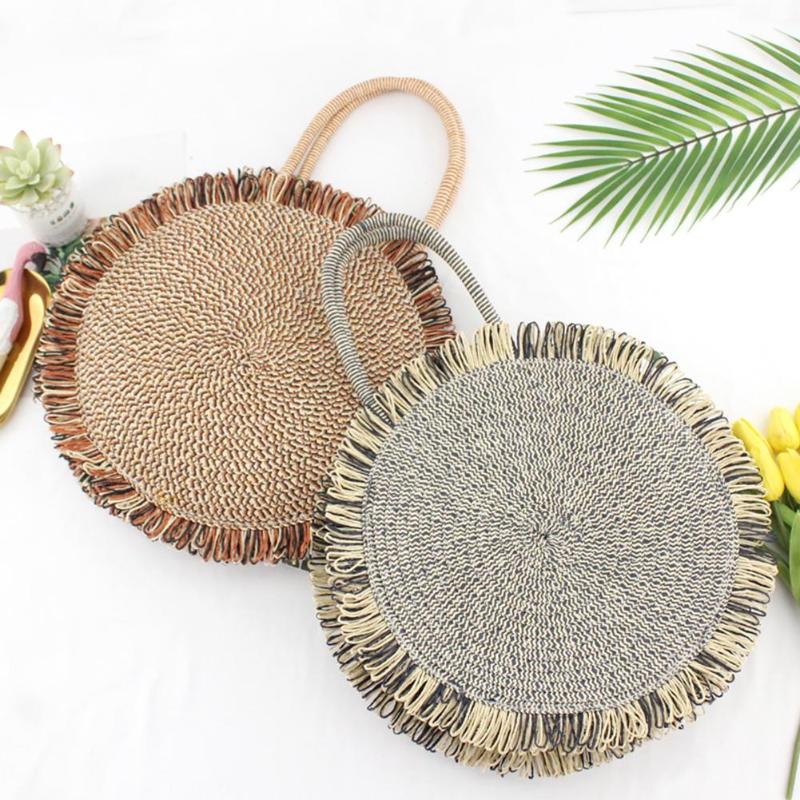 Böhmen Runde Stroh Frauen Handtaschen Crossbody Handarbeit Gewebt Sommer Strand Rattan Schulter Tasche Tote für Mädchen Damen