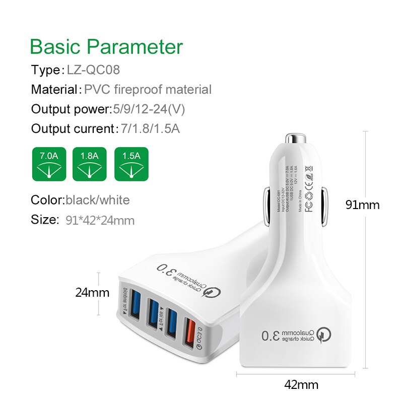 Qc 3.0 usb billading 12v 24v 4 ports hurtiglading for mobiltelefon til iphone samsung xiaomi android ios raskt biltilbehør