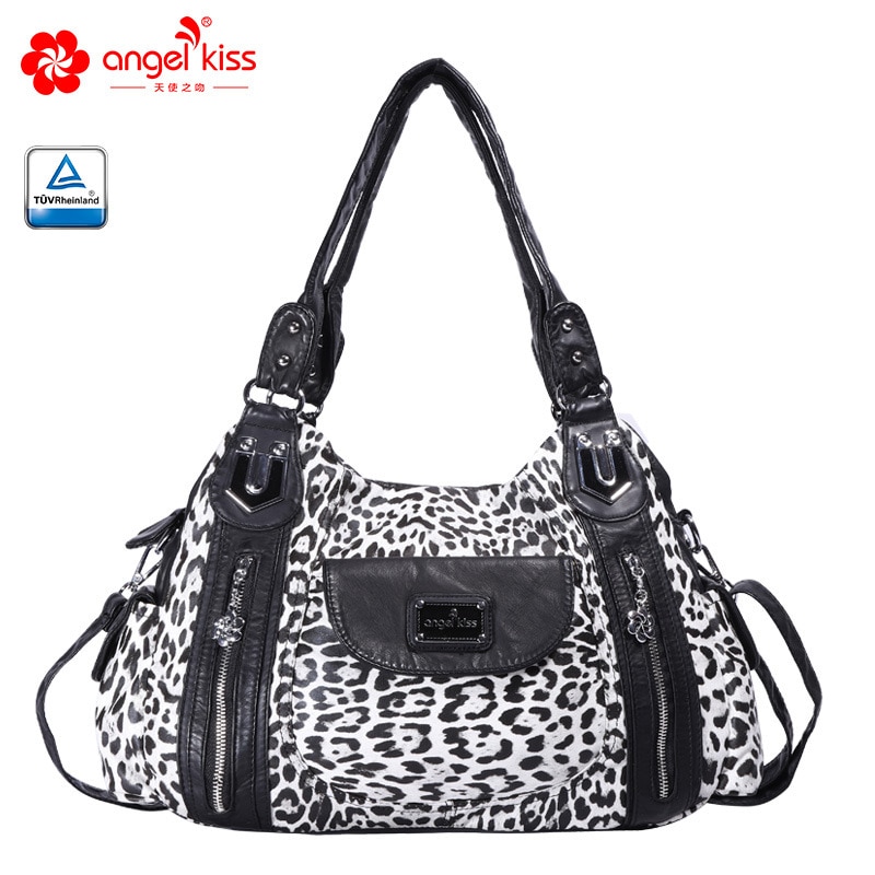 Mærke blød leopard pu læder skuldertaske luksus stor kapacitet multi lomme smarte tote tasker til kvinder shopping håndtaske: Sort