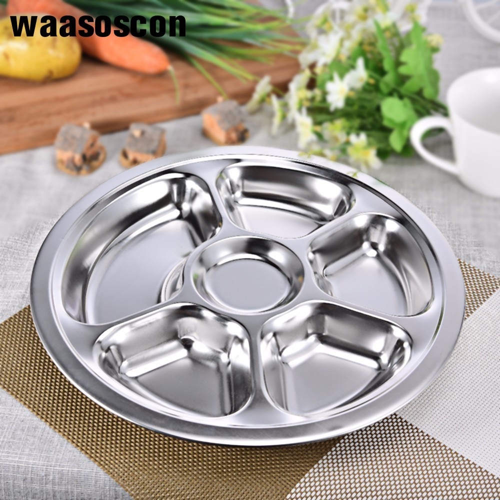 3 4 5 6 Sections Stainless Steel Divided Dinner Plate Dish Round Students Grid Lunch Tray School University Canteen Supplies