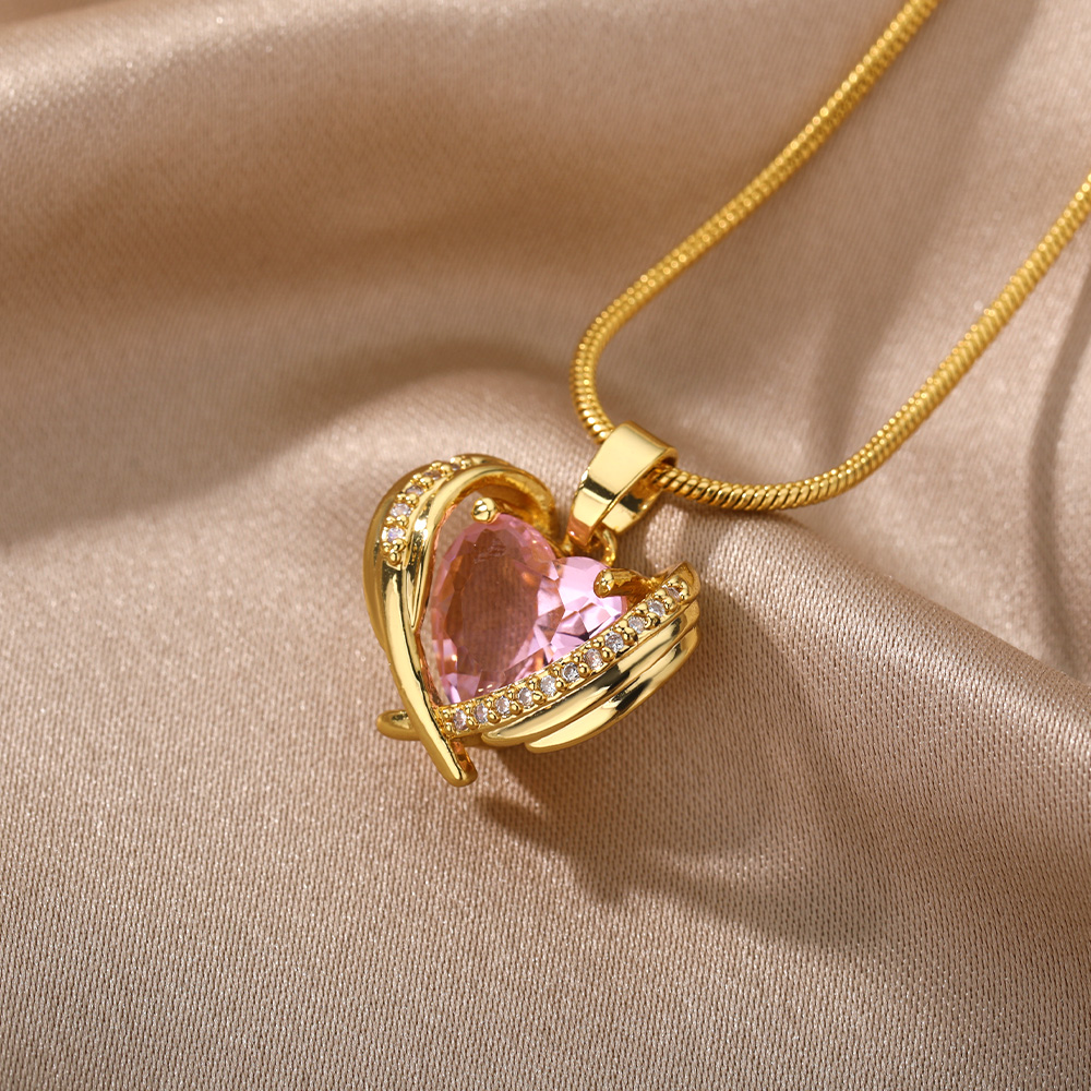 Niedliche rosa halskette mit herzanhänger aus kristall für damen, edelstahl, goldene choker-kette, einteiliges schmuckstück für partys