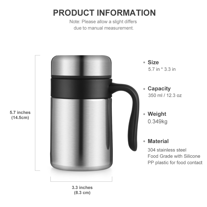 oneisall 350ML 304 Stainless Steel Thermos Mugs Office Cup Handle Lid Thermal Insulation Tea Mug Vaccum Cup Office Thermoses