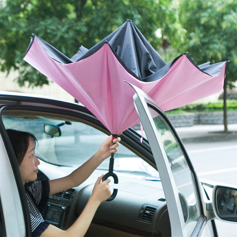 Paraguas de golf para mujer, sombrilla invertida de doble capa, plegable, con vástago largo, a prueba de viento, con gancho en C,