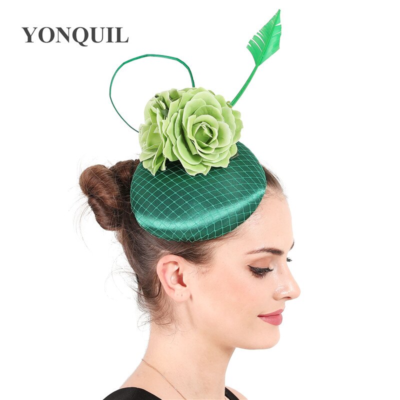 Coiffe de mariage fleur verte mariée casque de avec maille fantaisie Fascinators chapeau de mariée avec pince à cheveux pour femme