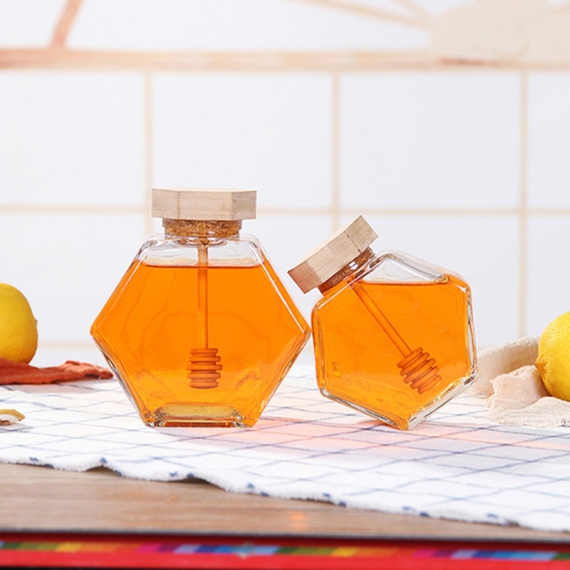 Tarro de miel de vidrio para el hogar, Mini envase de miel pequeño con barra de agitación de madera, 220ML/380ML