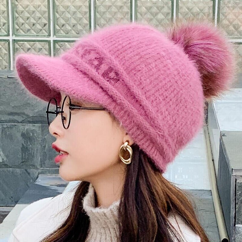 Vinter kvinder fleece snakeback hat udendørs strikkede baseball kasketter varme pom pom hatte hip hop pompom pels cap damer: Lilla