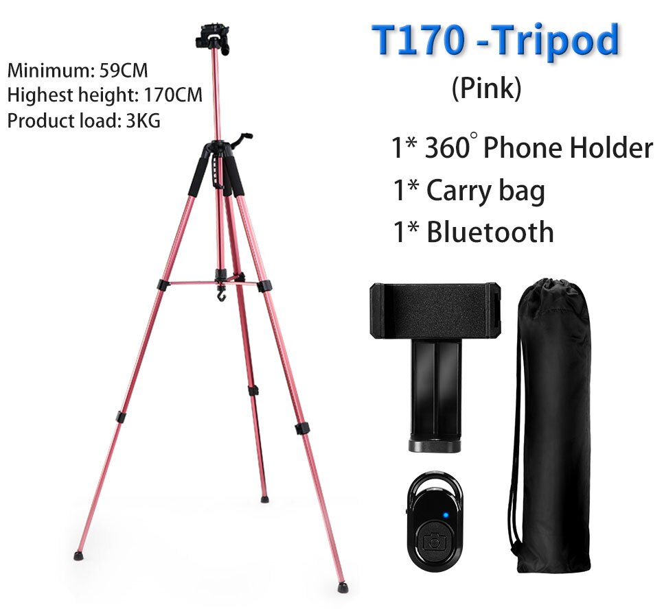 180cm kamerastativ til telefon med bæretaske fotografering mobiltelefonstativ med bluetooth fjernbetjening til video/dslr/canon: T170 lyserøde alle