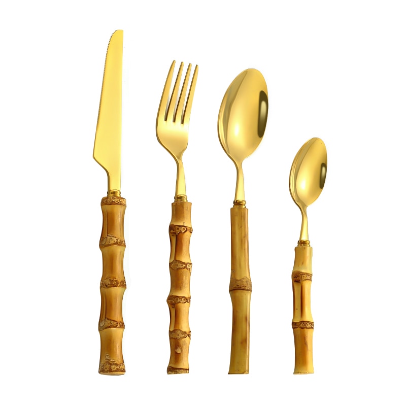 4-24Pcs Natural Bamboo Tableware Set Stainless Steel Includes Fork Knife Spoon Set Flatware With Box Dinnerware Cutlery Set: 4Pcs Gold