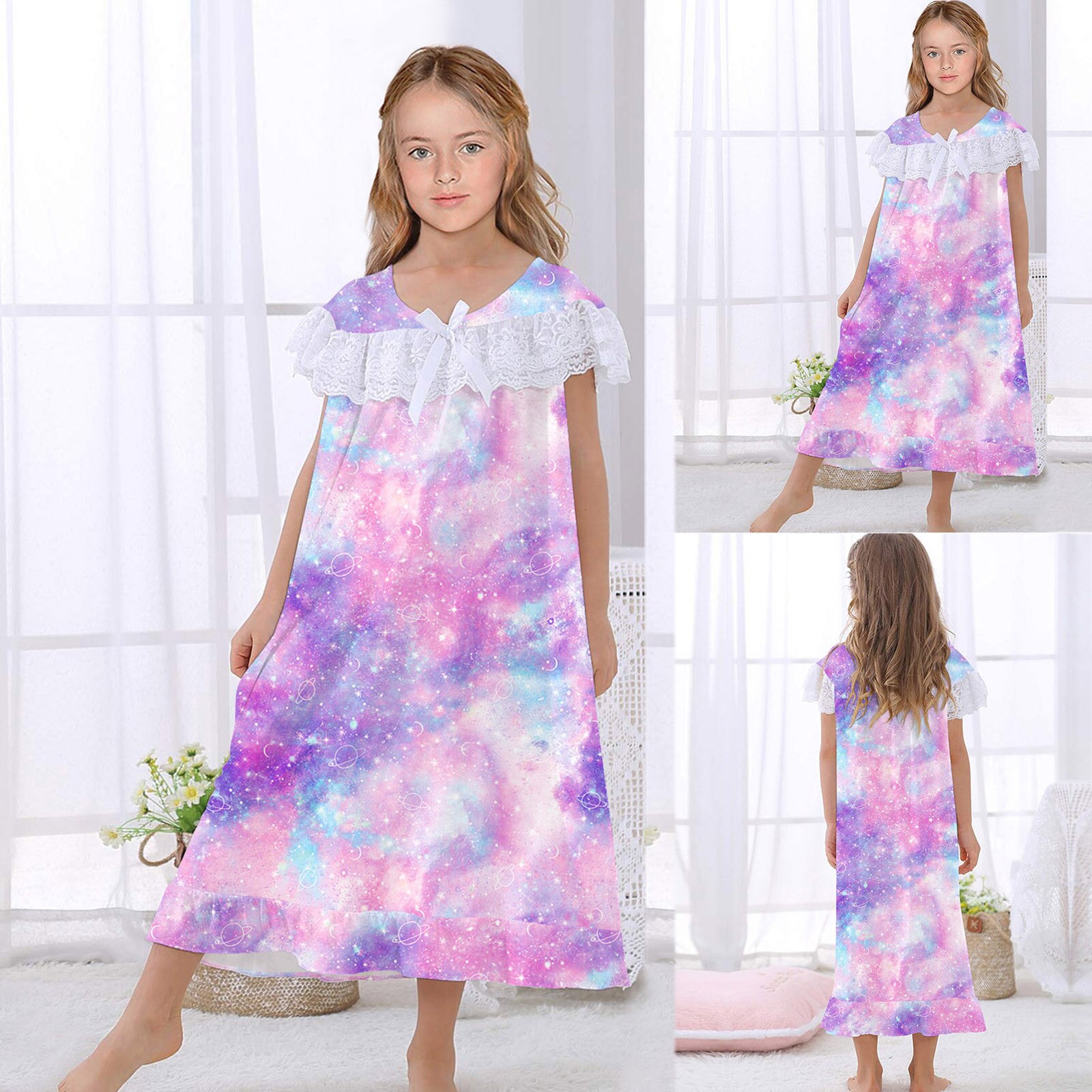 Girls Nightdress Short Sleeve Cute Princess Lace Cotton Sleep Dress Soft And Comfortable Breathable With Zipper On The Back: D / S