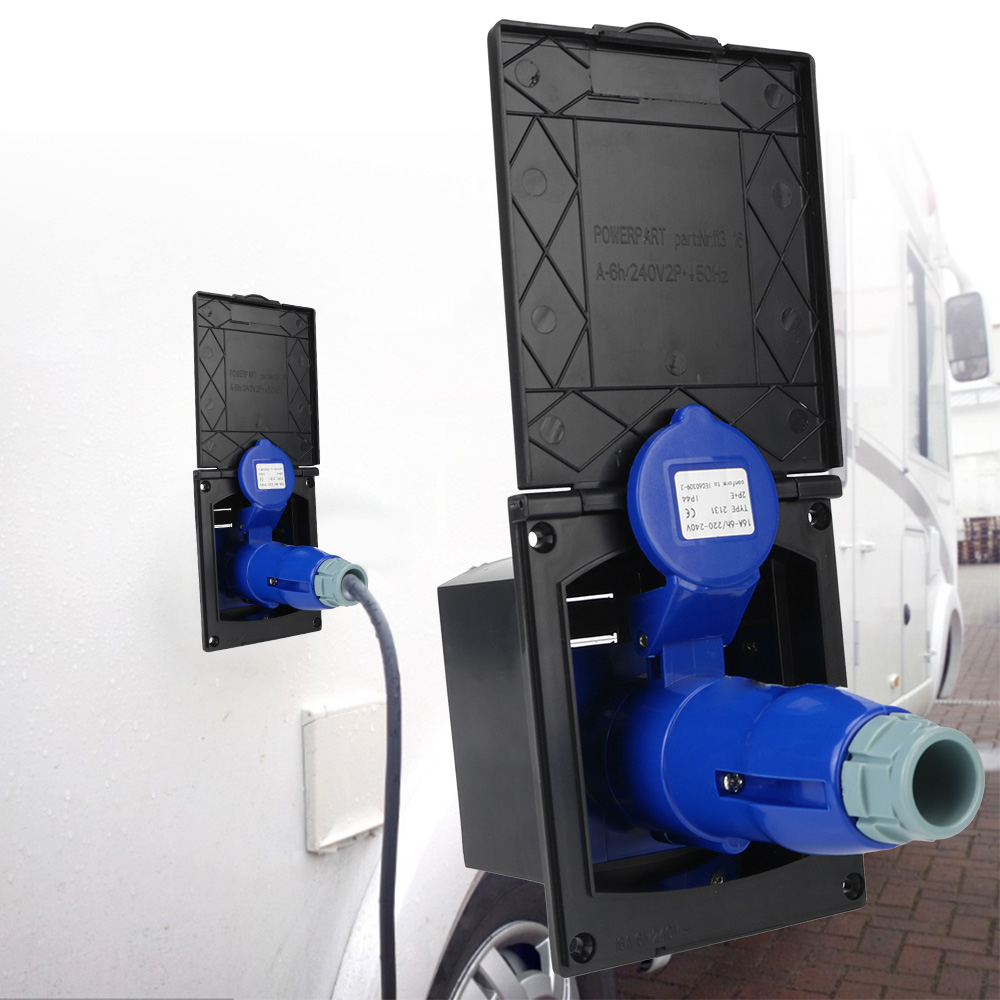 Car Relay Tester 12V Universal External Flush Hook Up for RV Camper Marine 220V-240V 16A Plug Socket With Cover