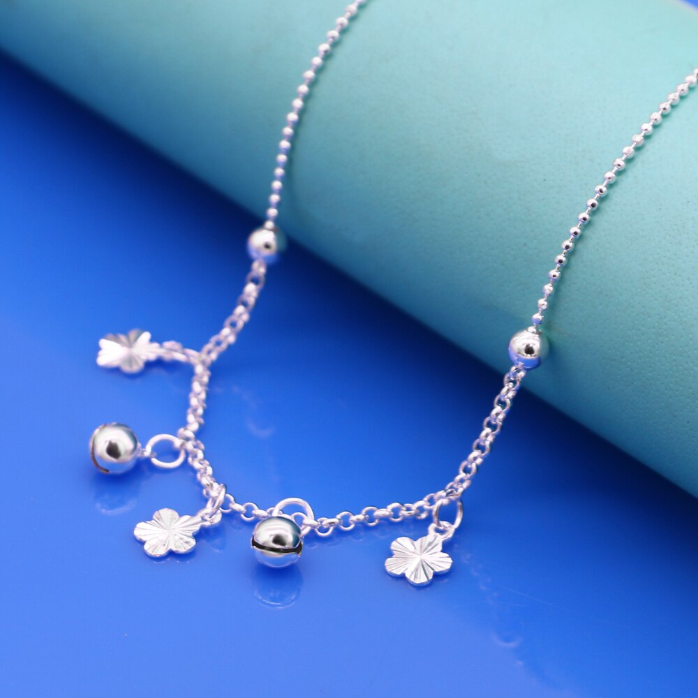 Flower Pendant Anklets Women 925 Sterling Silver Foot Chain Cute Girl bell Beach barefoot Jewelry Summer