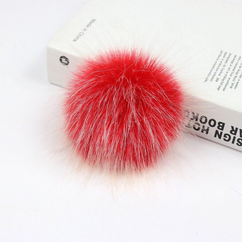 DIY Women Faux Raccoon Fur Pom Poms Ball for Knitting Beanie Hats Accessories Soft Hat Decoration with Buckle Hairball: Red With Rope