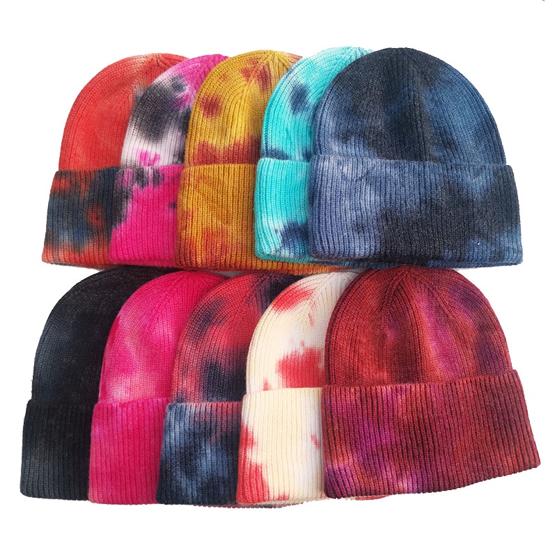 Tie-dye muts warme wintermutsen voor dames dames heren effen muts met omslag, muts met capuchon herfst gebreide hiphop plangi kort
