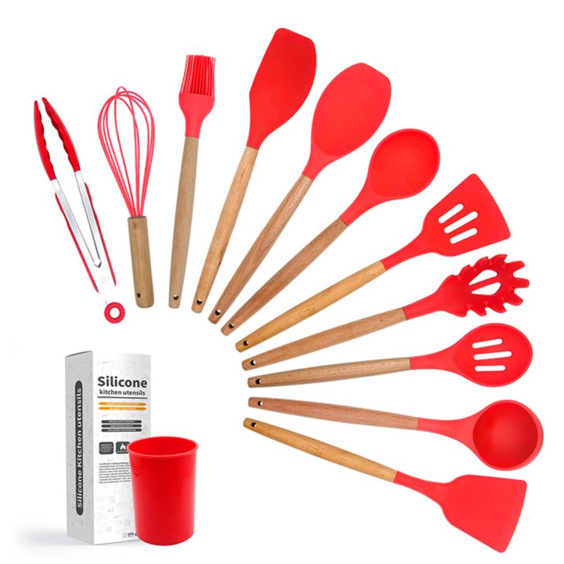 Silicone Cooking Tools Kitchen Utensils Set Heat Resistant Kitchen Non-Stick Cooking Utensils With Storage Box: Red