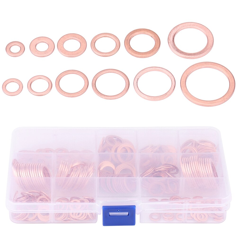 280pcs Assorted Copper Washers 12 Different Sizes Solid Copper Crush Washers Seal Flat Rings Kit With Grid-Shape Storage Box​​