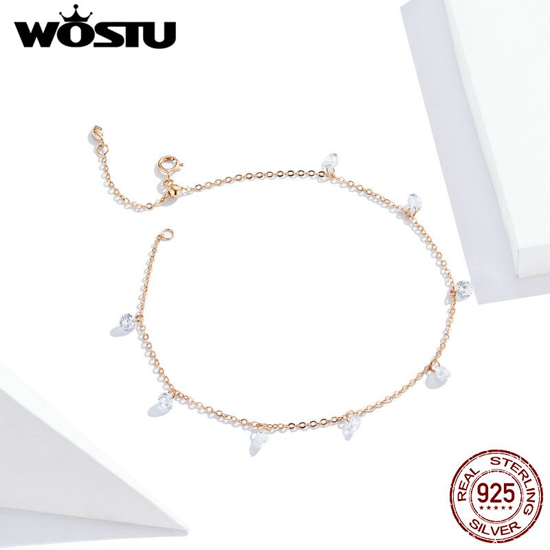 WOSTU Thin 925 sterling Shiny Chains Anklet For Women Girls Friend Foot Jewelry Leg Bracelet Tobillera de Prata