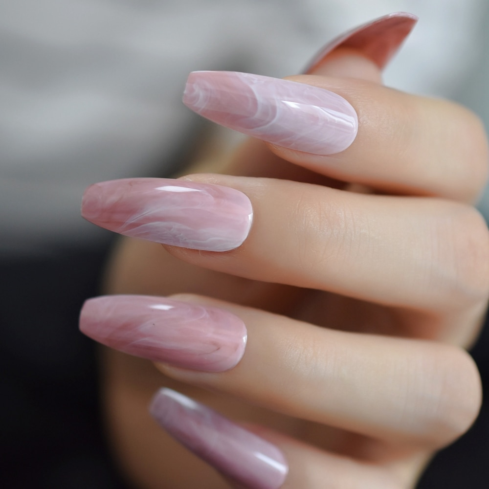Ongles longs en forme de cercueil, en marbre rose Extra-Long, motifs pierre brillante, ballerine, pointes d'ongles à la pré-conçus, avec onglets à colle