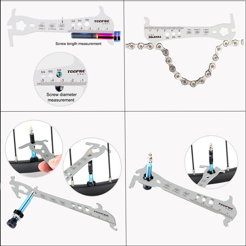 Bicycle Chain Checker Stainless Steel MTB Bike Chain Hook Screw Measuring Ruler Wear Gauge Calipers 6 In 1 Multifunction Tool