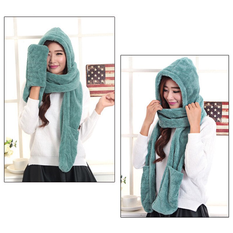 3 in 1 Women Warm Hood Scarf Snood Pocket Gloves Hat Comfortable Warm for Winter Outdoor Sets-B5: Green