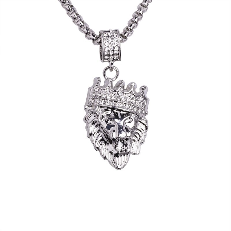 Collares de rapero de aleación para hombre y mujer, colgante de Animal de León, Hip-hop, cadena larga de Metal para suéter, de joyería: Silver