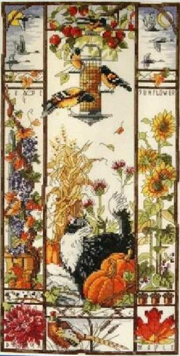 Gold Collection Lovely Counted Cross Stitch Kit Spring Summer Autumn Winter Cat Sampler Janlynn 023-0585 0580 0579, season cat: autumn / 18CT unprint canvas