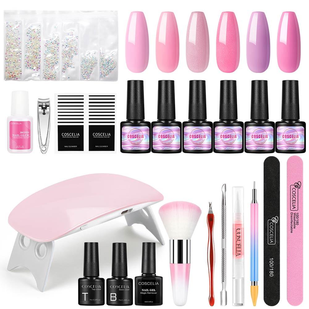 Coscelia neglesæt gel neglelak sæt med 36w uv led lampe 10/20 farver soak off manicure værktøj sæt negle kunst dekorationer: 7ml sæt a
