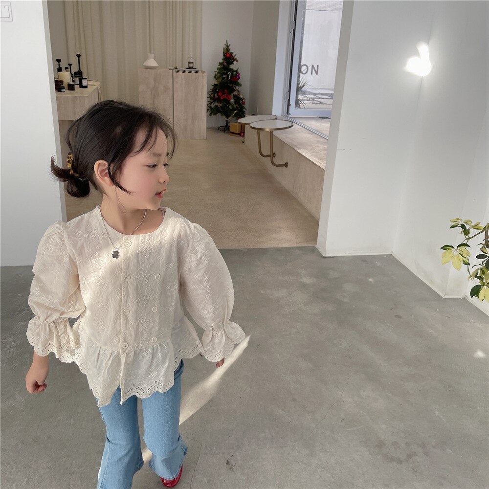 Camicette floreali del cotone dei bambini delle camicette floreali del merletto della manica lunga delle ragazze di nuovo arrivo della primavera 2022