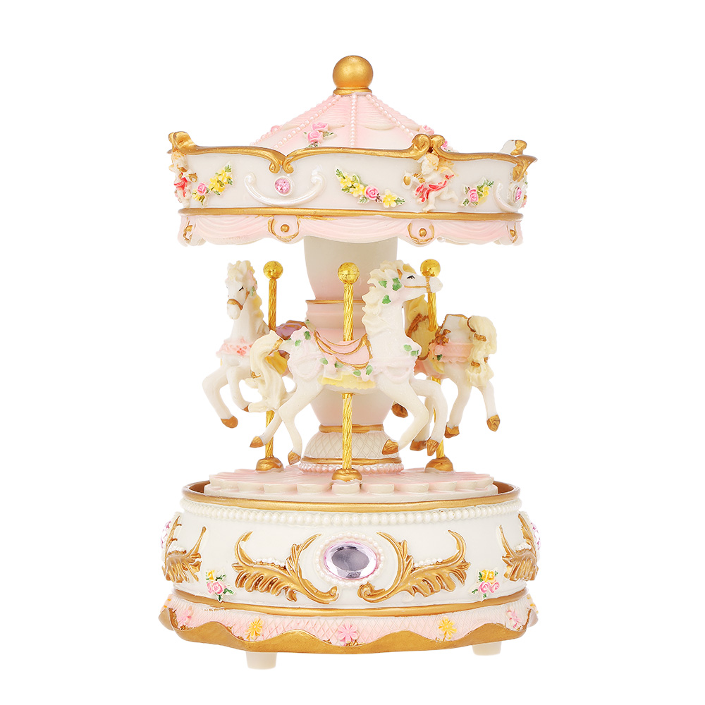 Mini Carousel Clockwork Music Box Speaker Led Merry-go-round Musical Box for Girlfriend Kids Children Christmas Festival: Pink