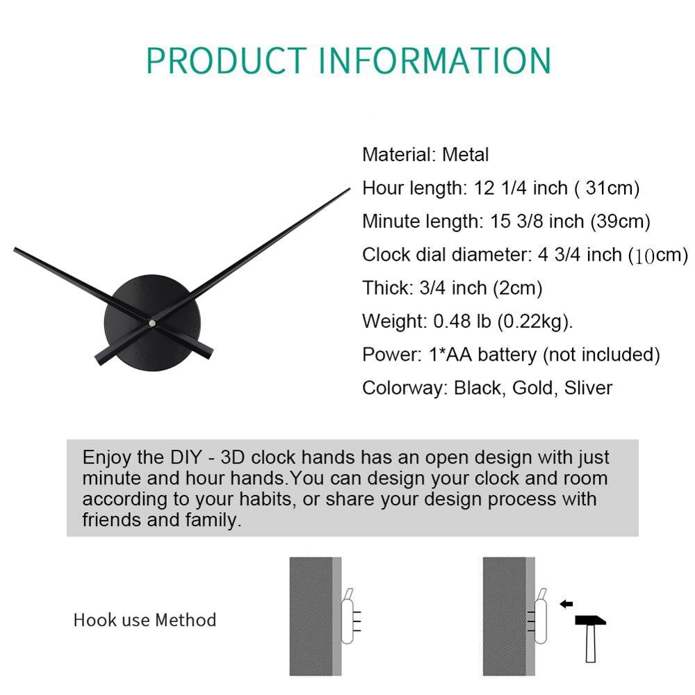 Mecanismo de agujas de reloj de pared grande, accesorios de manos de gran tamaño para reloj de pared 3D, bricolaje, decoración moderna del hogar