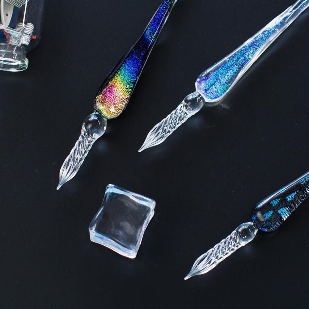 Glass Fountain Pen Water Set Student Crystal Fountain Pen Ink Pen Stationery Handmade Box E7D1