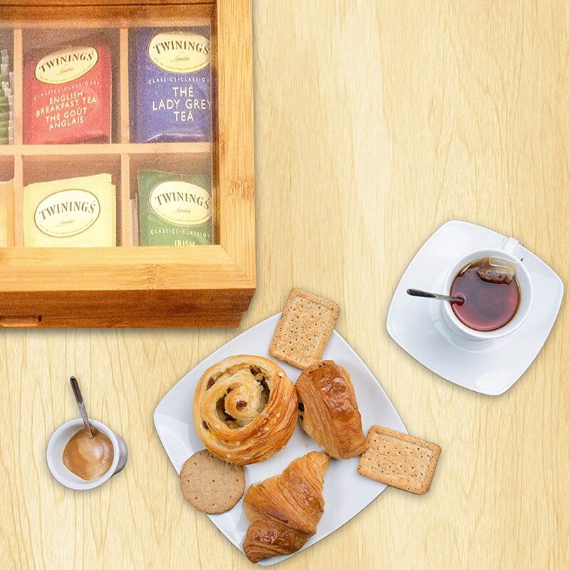 Tea Box Natural Chest with Clear Hinged Lid, 8 Storage Sections with Expandable Drawer
