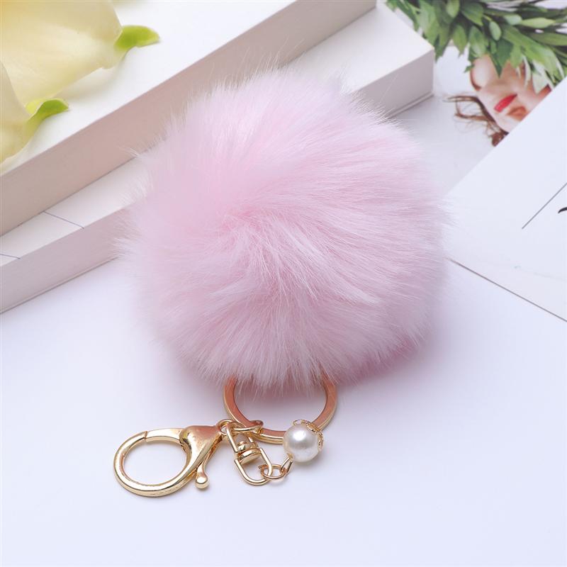 Enfärgad fluffig boll pom pom boll nyckelring berlocker hänge för handväska nyckelring bilinteriör tillbehör nyckelringar (rosa)