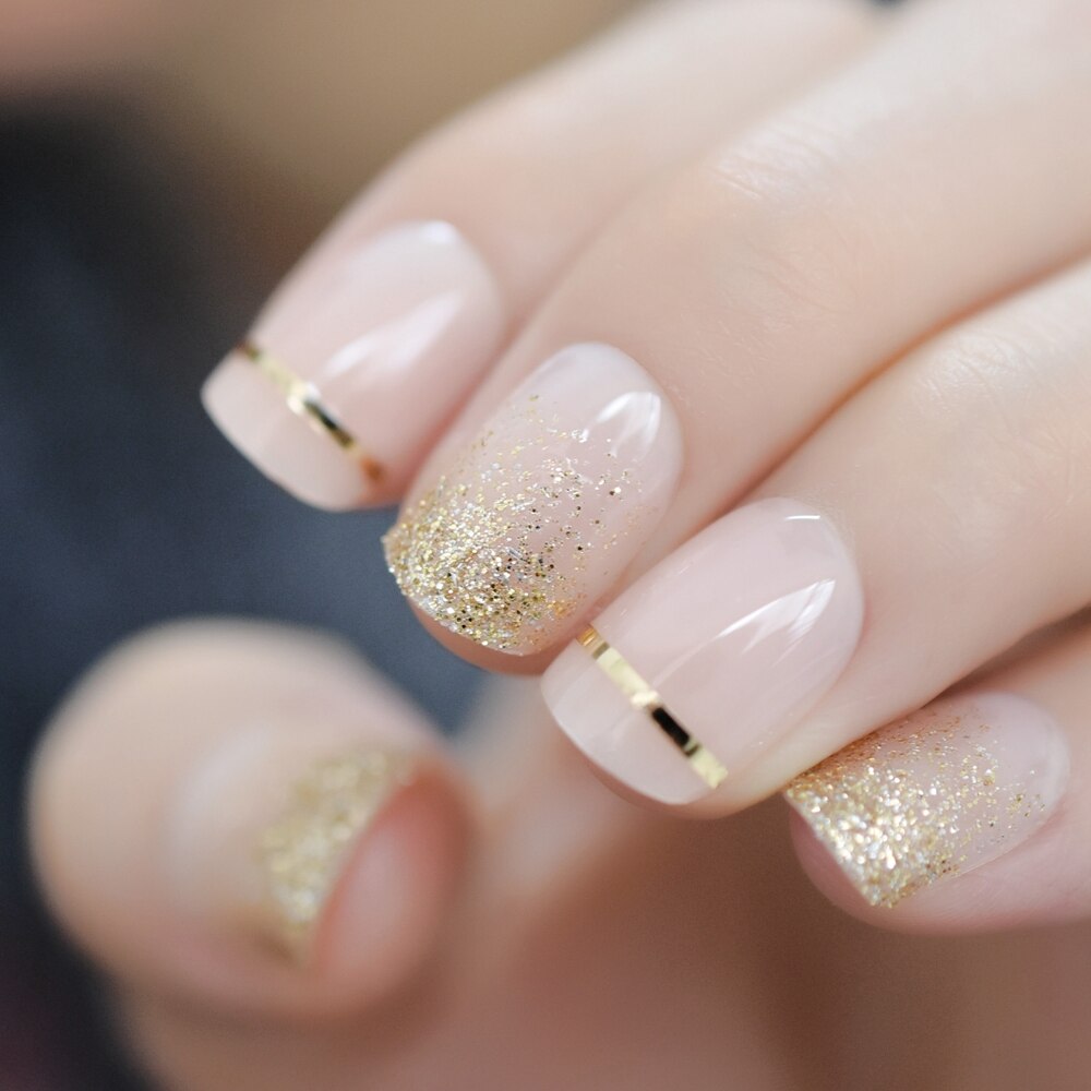 Französisch funkeln Kurze Nagel nackt Elegante golden Rand Runde Nagel Einzigartige Acryl Vor-Entwickelt Falsche Nagel Kommen mit Klebstoff: L5111