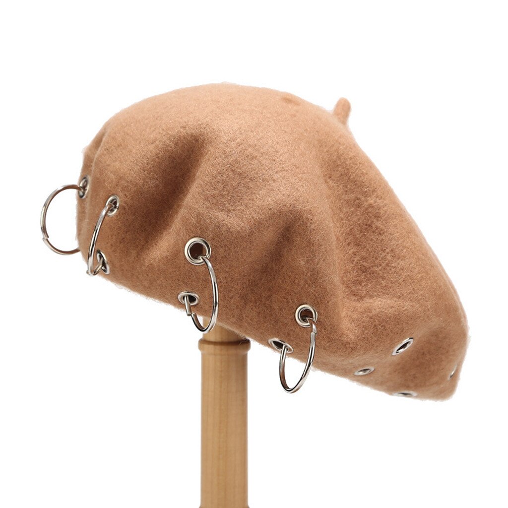 Ijzeren Ringen Harajuku Baretten Vrouwen Mooie Vintage Punk Rock Stijl Ijzeren Ringen Baret Caps Retro Wol Hoeden Wollen Schilder Baret # PP2: Beige 