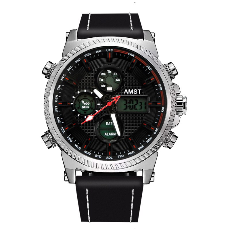 Relojes militares AMST de 50M, Relojes LED con correa de cuero resistente al agua, relojes de cuarzo de lujo de la mejor para hombre, reloj Masculino: silver black face